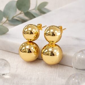 18K Gold Plated Stainless Steel Double Ball Stud Earrings Minimalist Sphere Mod